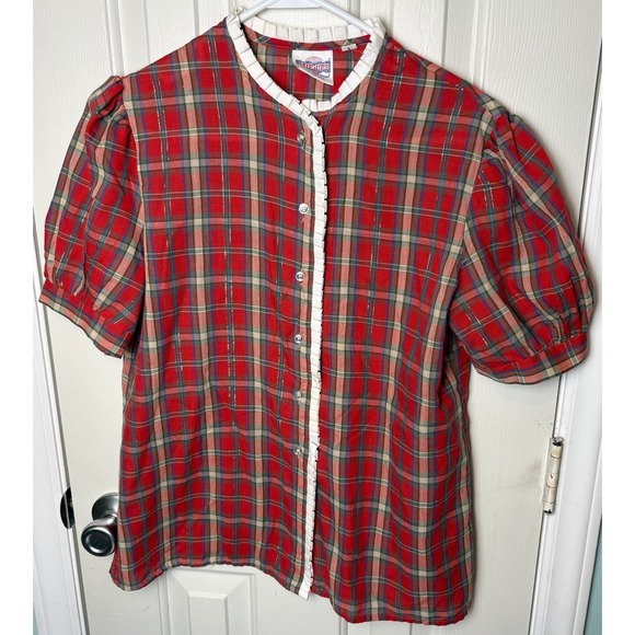 Stir-ups Tops - VTG Stir-ups Western Cowgirl Button Shirt Made In USA Red Plaid Ruffle Gold L